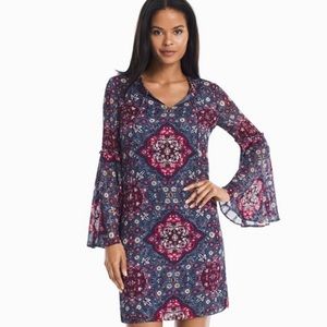 WHBM Blue Medallion Floral Shift Dress With Bell Sleeves